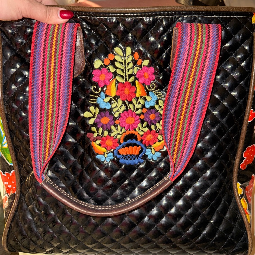Embroidered Black Quilted Tote Bag